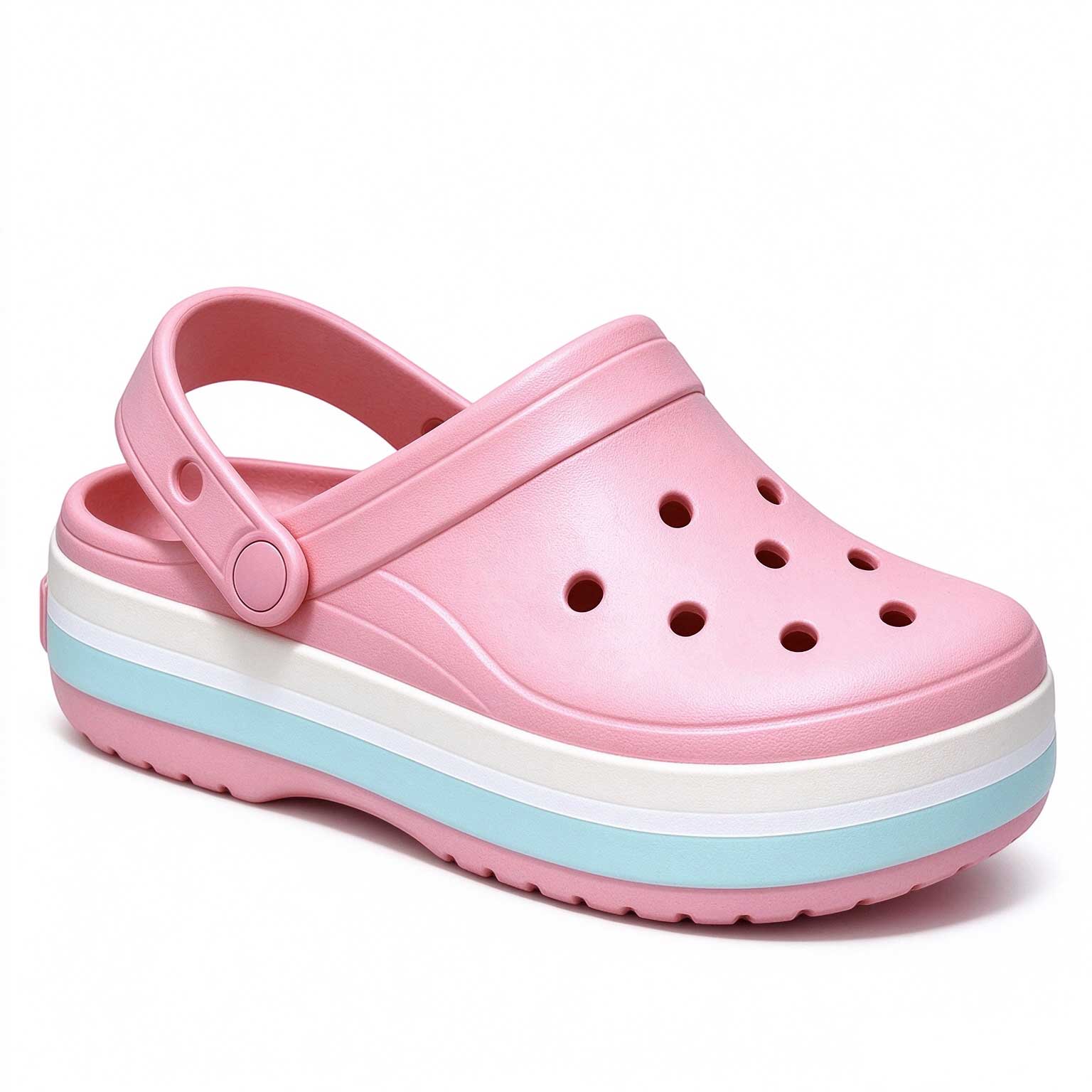 Pink clog design with a heel strap and white and mint sole bands
